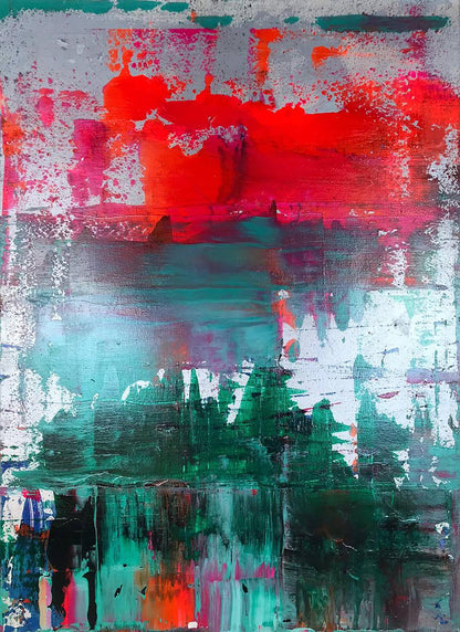 Vibrant Forest Lake acrylic painting by Melezhik Olga with red teal green strokes