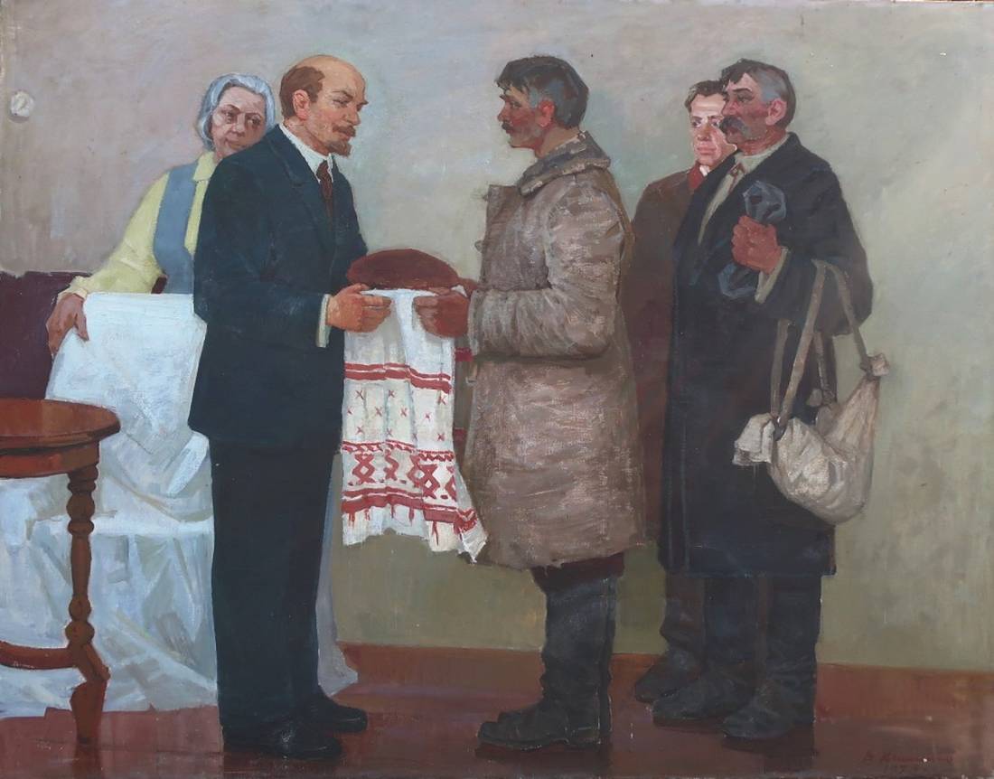 Man in dark suit holding white embroidered cloth with red green geometric patterns, Oil painting Walkers at Lenin Klimenko V.I