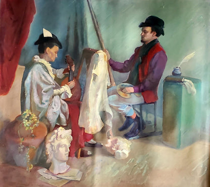 Oil painting by Litvinov Daniil Olegovich: figures with lute and art supplies