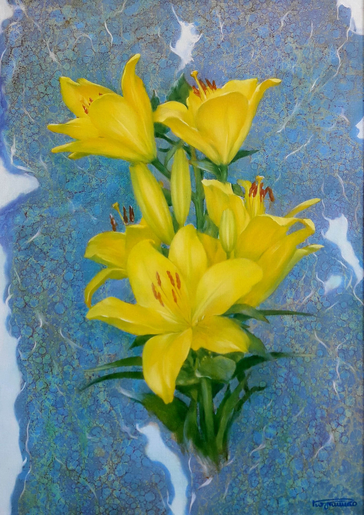 Oil painting of vibrant yellow lilies by Vasily Korkishko on blue background