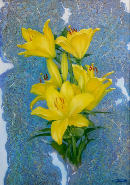 Oil painting of vibrant yellow lilies by Vasily Korkishko on blue background