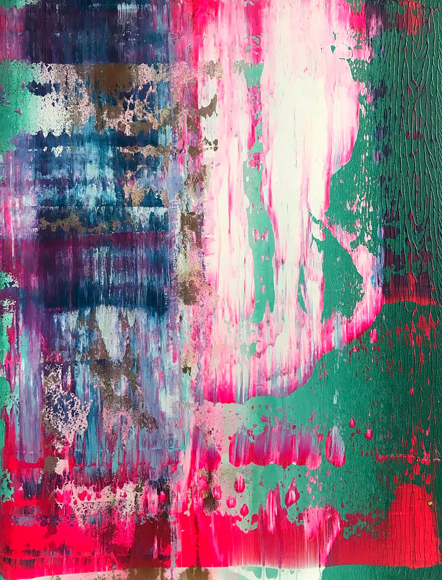 Vibrant Northern Lights acrylic painting by Melezhik Olga with pink teal streaks