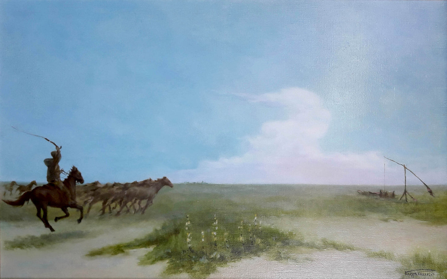 Oil painting by Korkishko Vasily: lone rider leading herd to watering hole