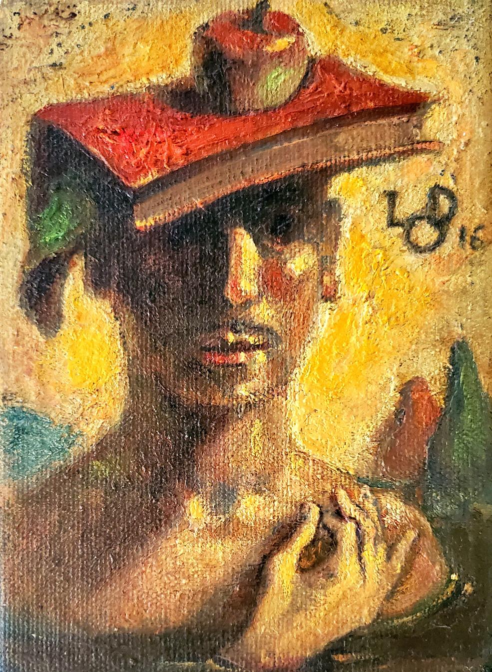 Textured oil painting self-portrait by Litvinov Daniil Olegovich with red hat and apple