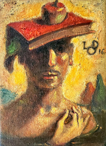 Textured oil painting self-portrait by Litvinov Daniil Olegovich with red hat and apple