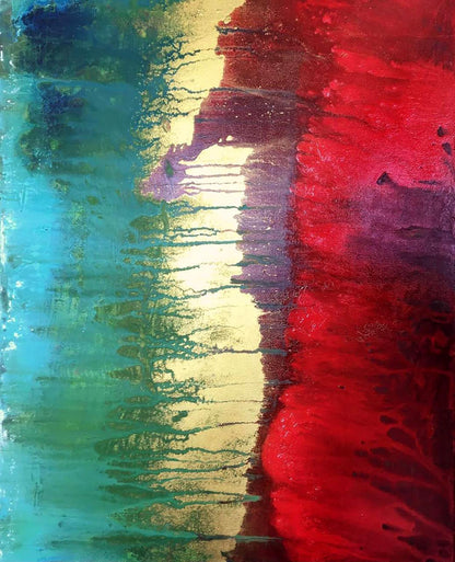 Vibrant abstract acrylic painting Excitation by Melezhik Olga in red teal gold