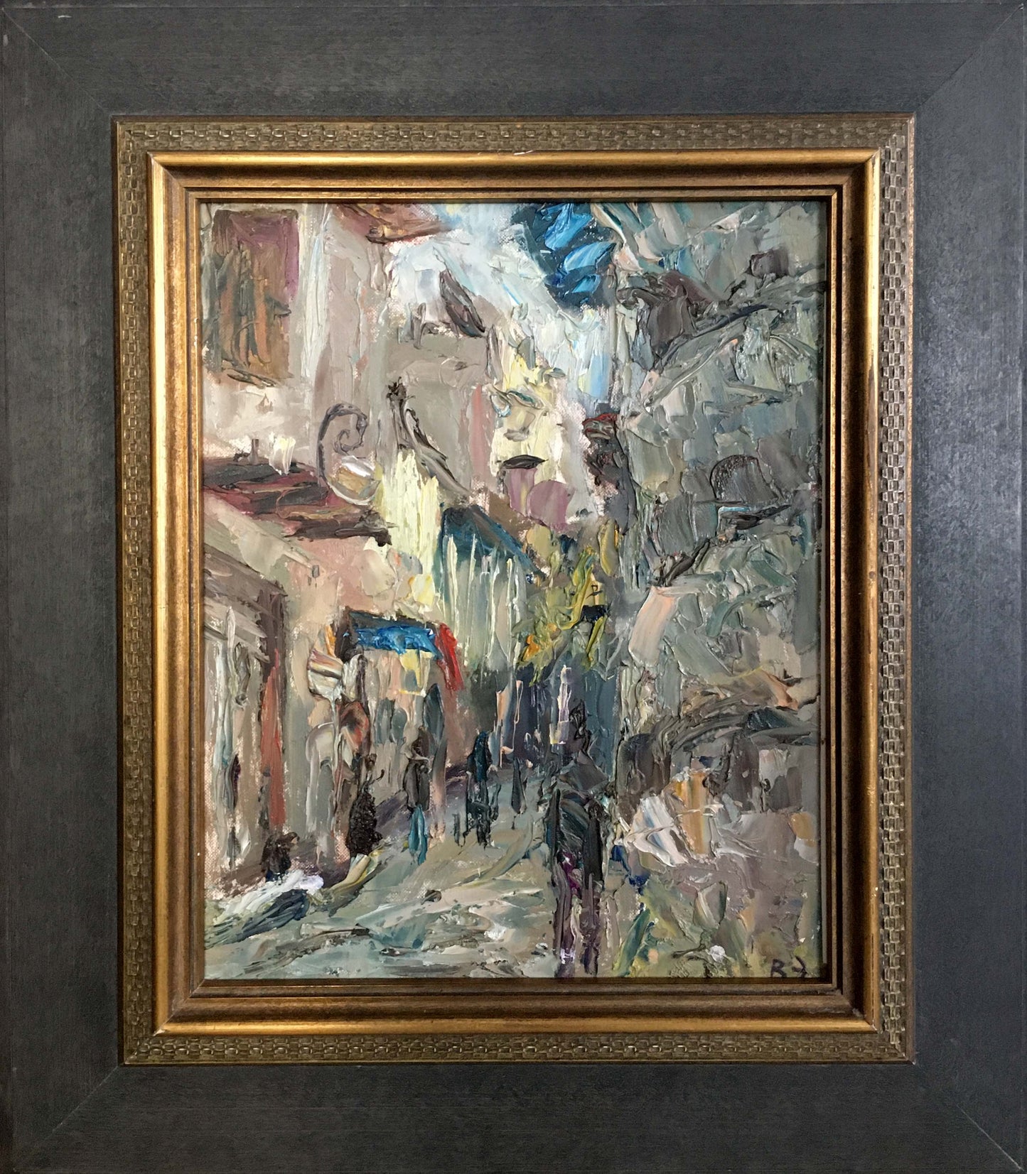 Abstract Rainy Day oil painting in vibrant impressionistic street scene and ornate gold frame