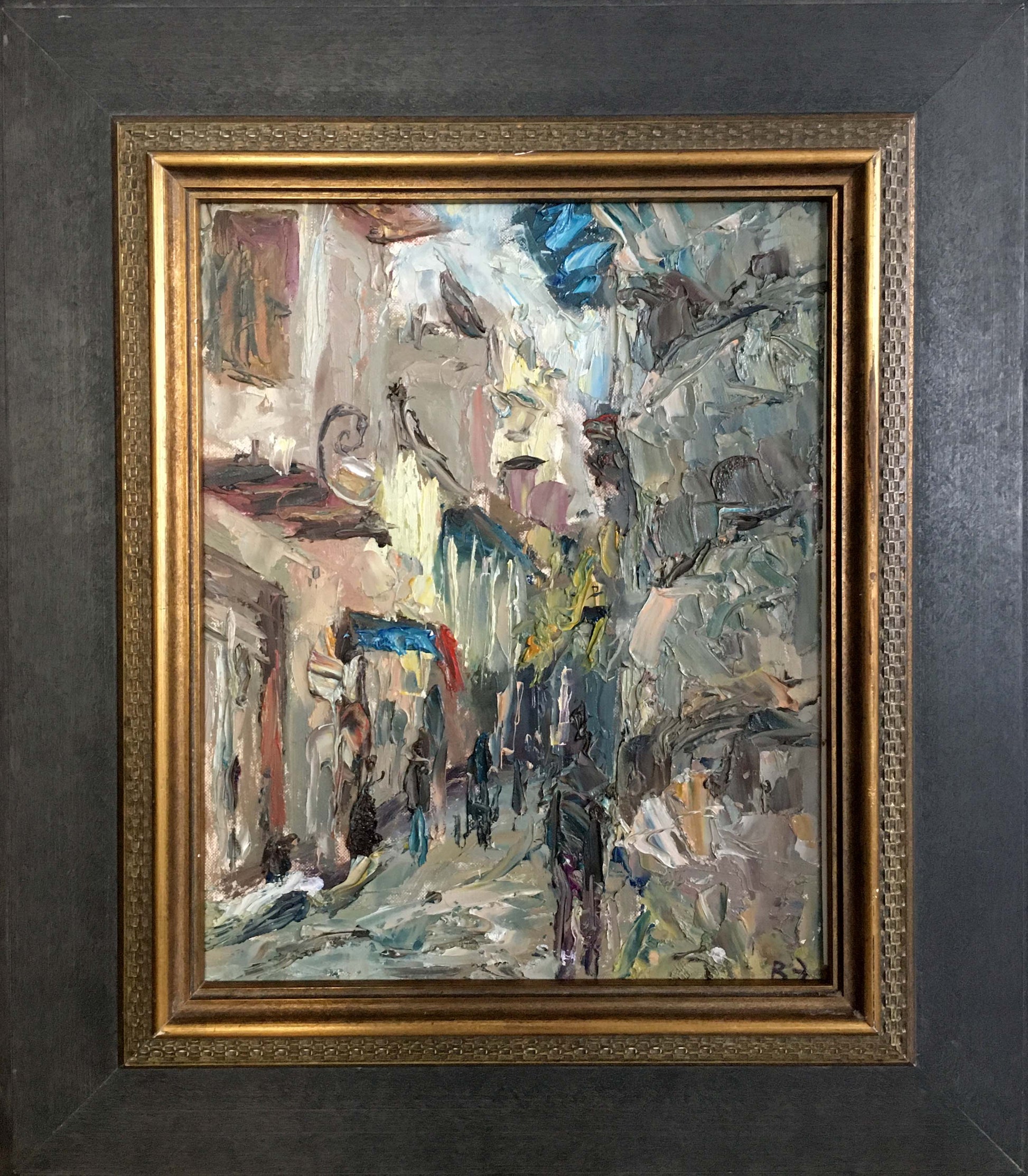 Abstract Rainy Day oil painting in vibrant impressionistic street scene and ornate gold frame