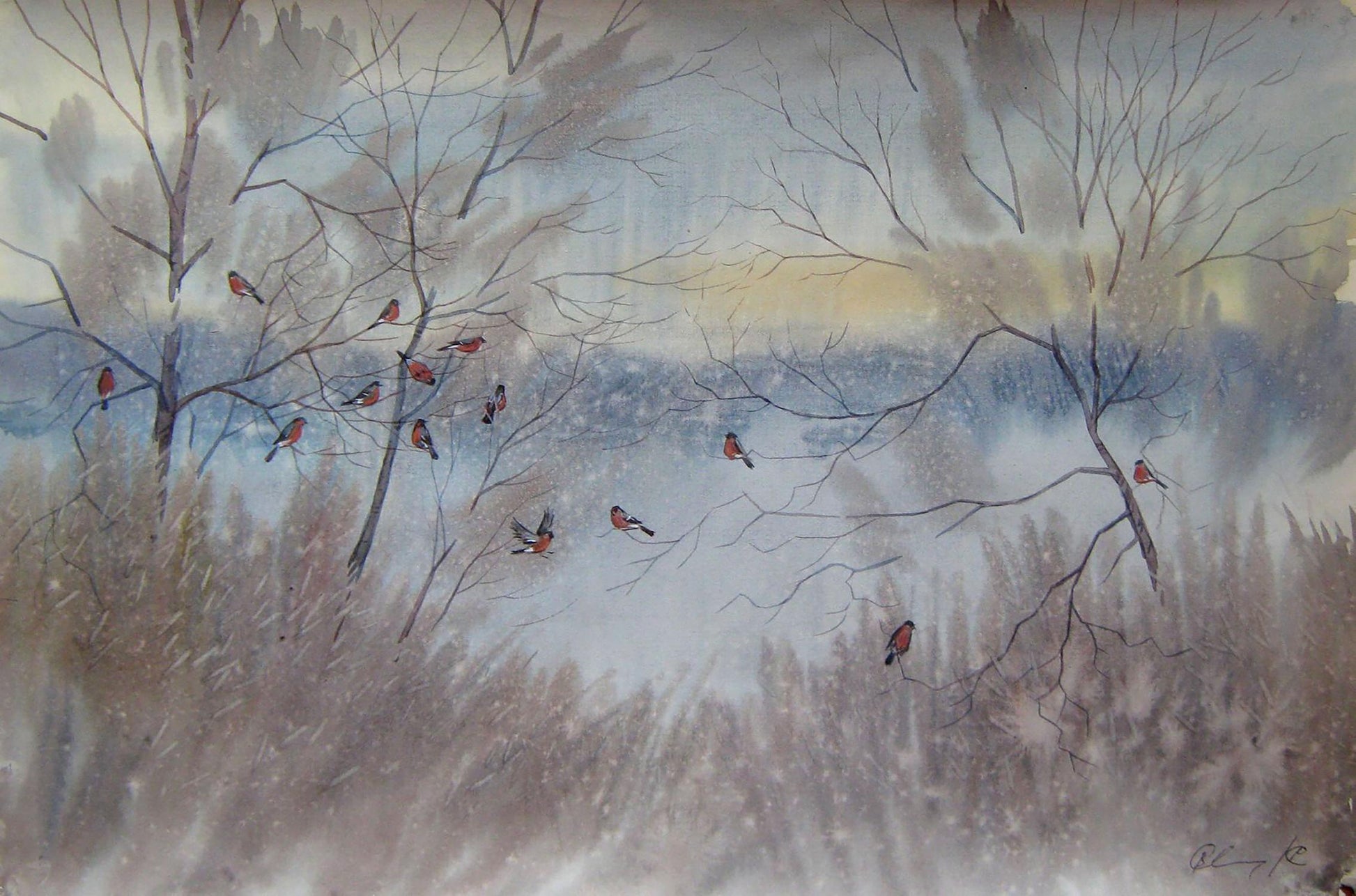 Watercolor painting Bullfinches Savenets Valery