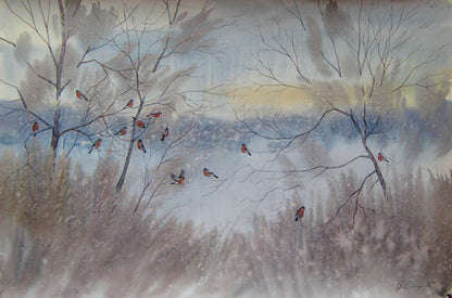 Watercolor painting Bullfinches Savenets Valery