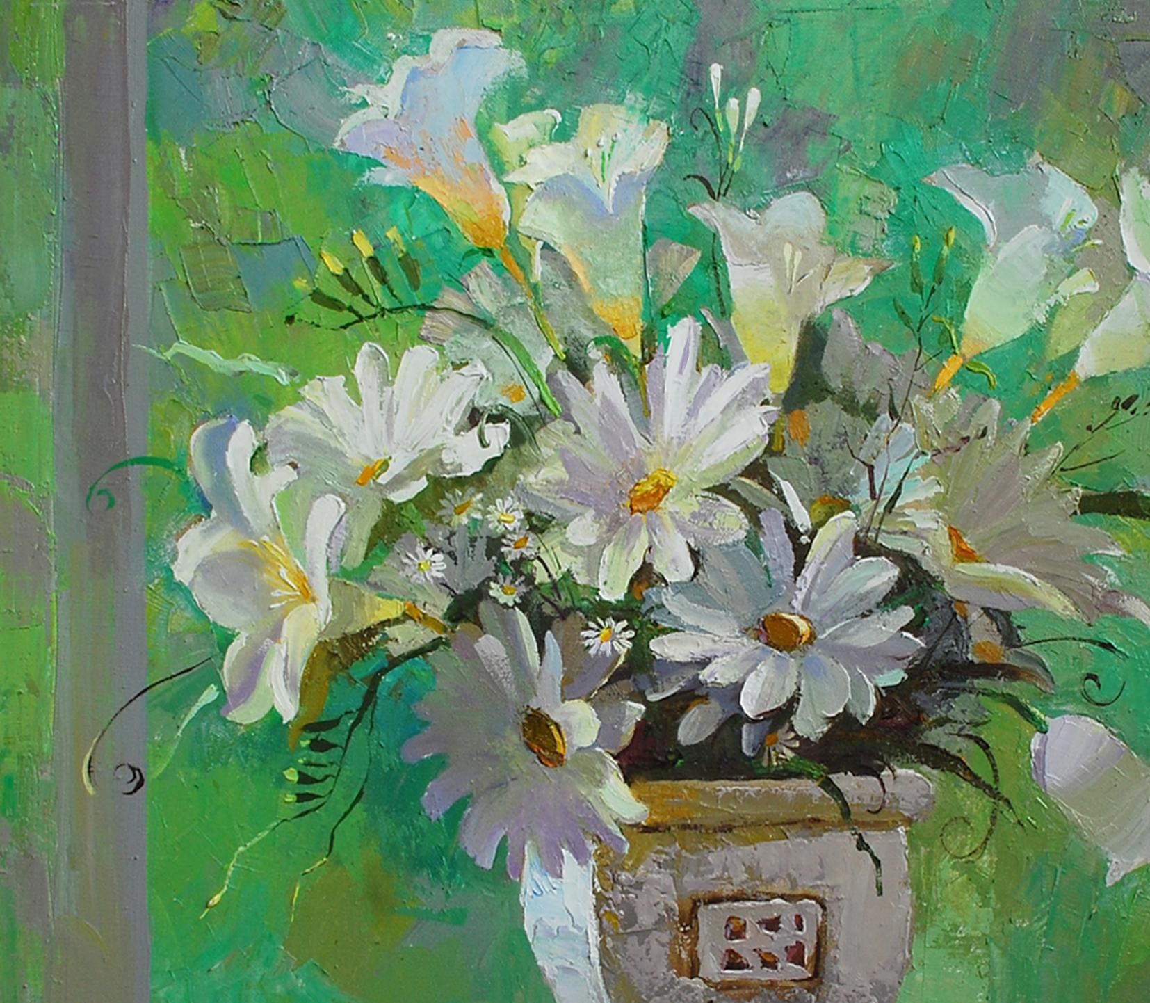 Oil painting Daisies by Egor Shvachunov in textured gray vase