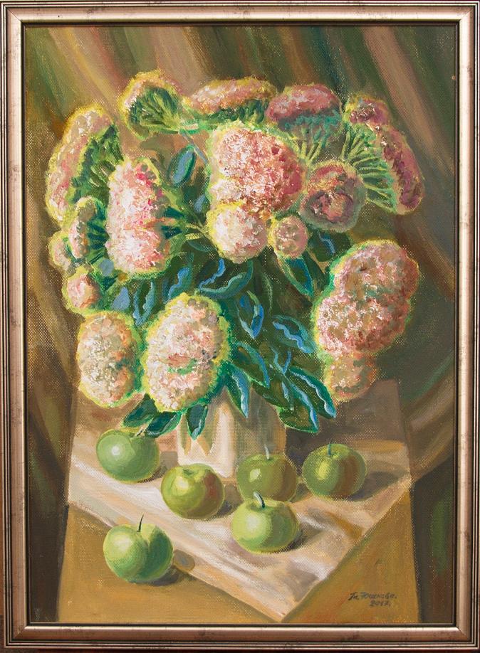 Vibrant impressionistic acrylic painting of stonecrop, apples by Yushkov Svatoslav