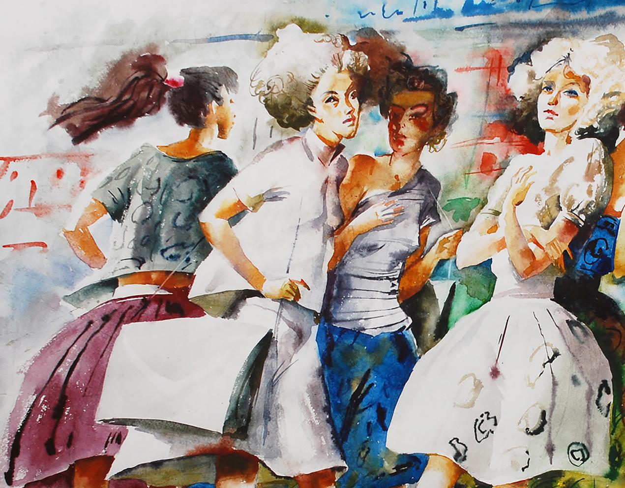 Watercolor painting of four women in vintage dresses on Crosswalk by Egor Shvachunov