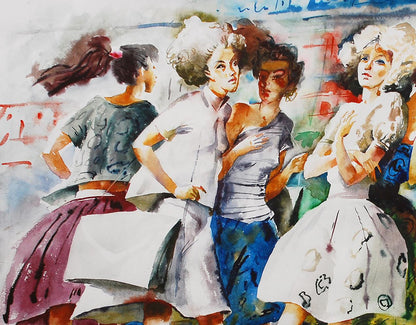 Watercolor painting of four women in vintage dresses on Crosswalk by Egor Shvachunov