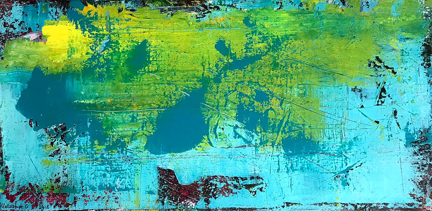 Abstract Dolphin acrylic painting by Melezhik Olga in turquoise, lime, yellow