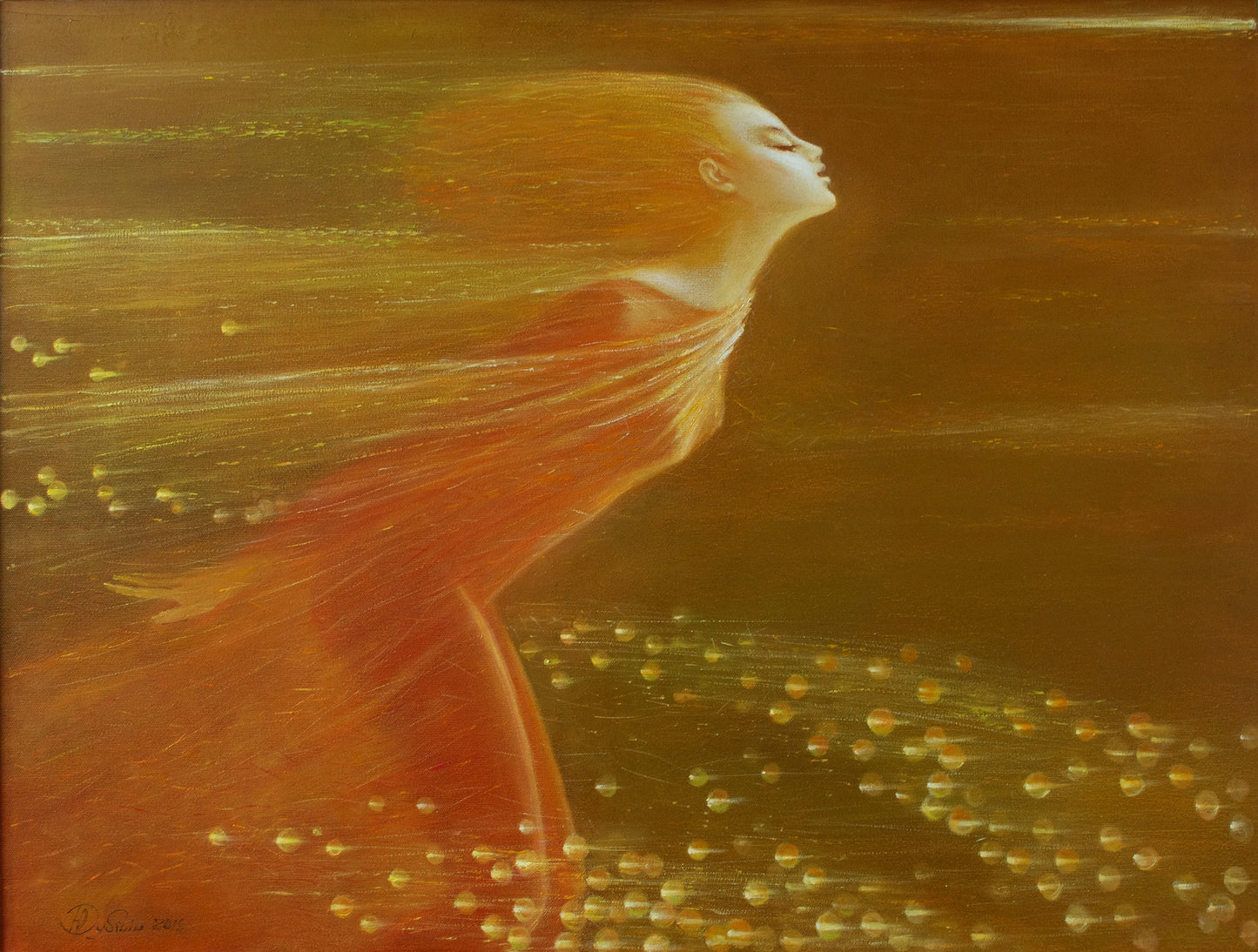 Oil painting Star Wind by Dubinin Yurii: golden-haired woman in red gown