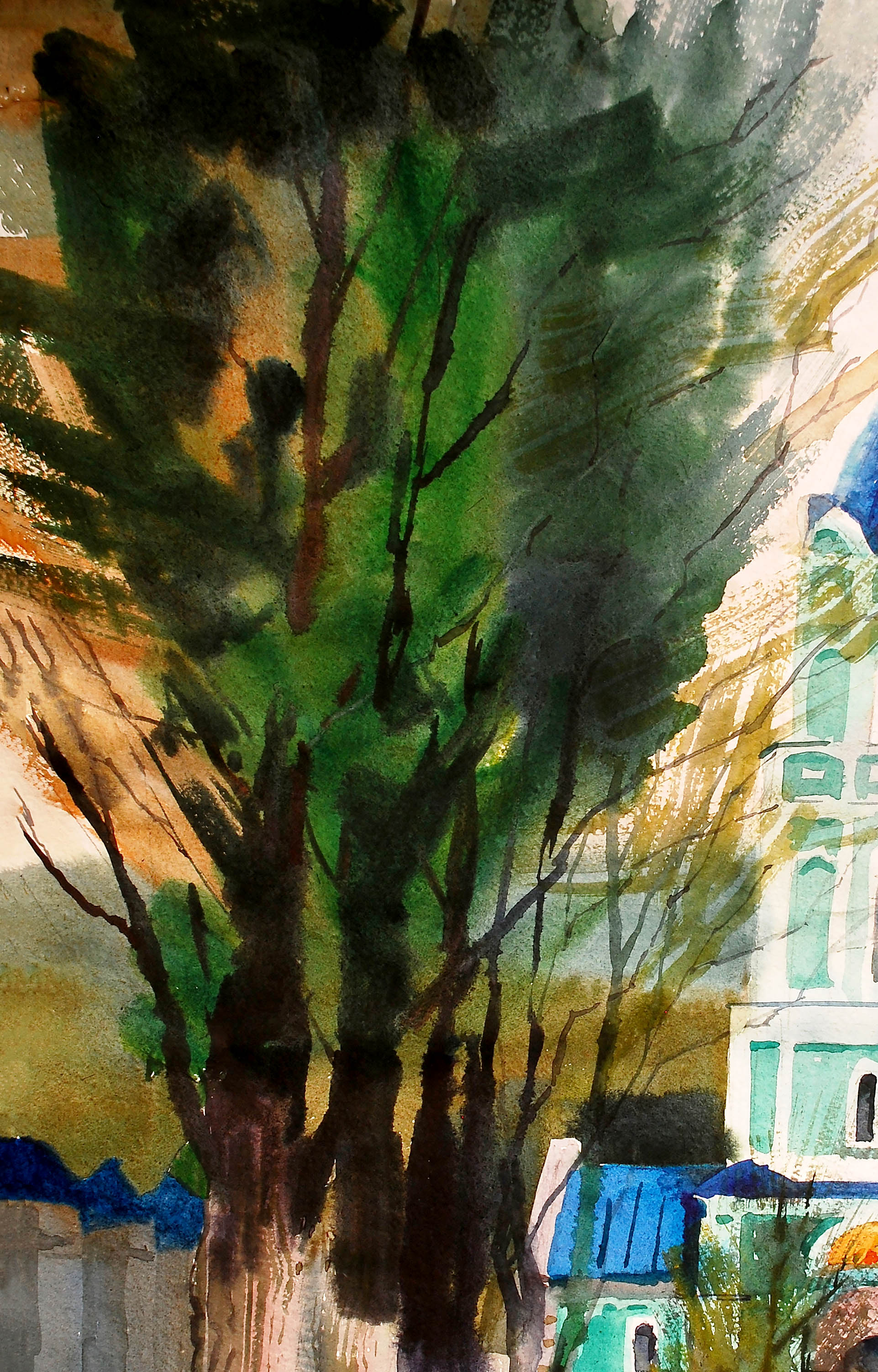 Watercolor landscape painting with church by Egor Shvachunov