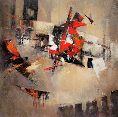 Oil painting New Arena by Valentina Alekseevna Kozyar, bold red black forms on beige