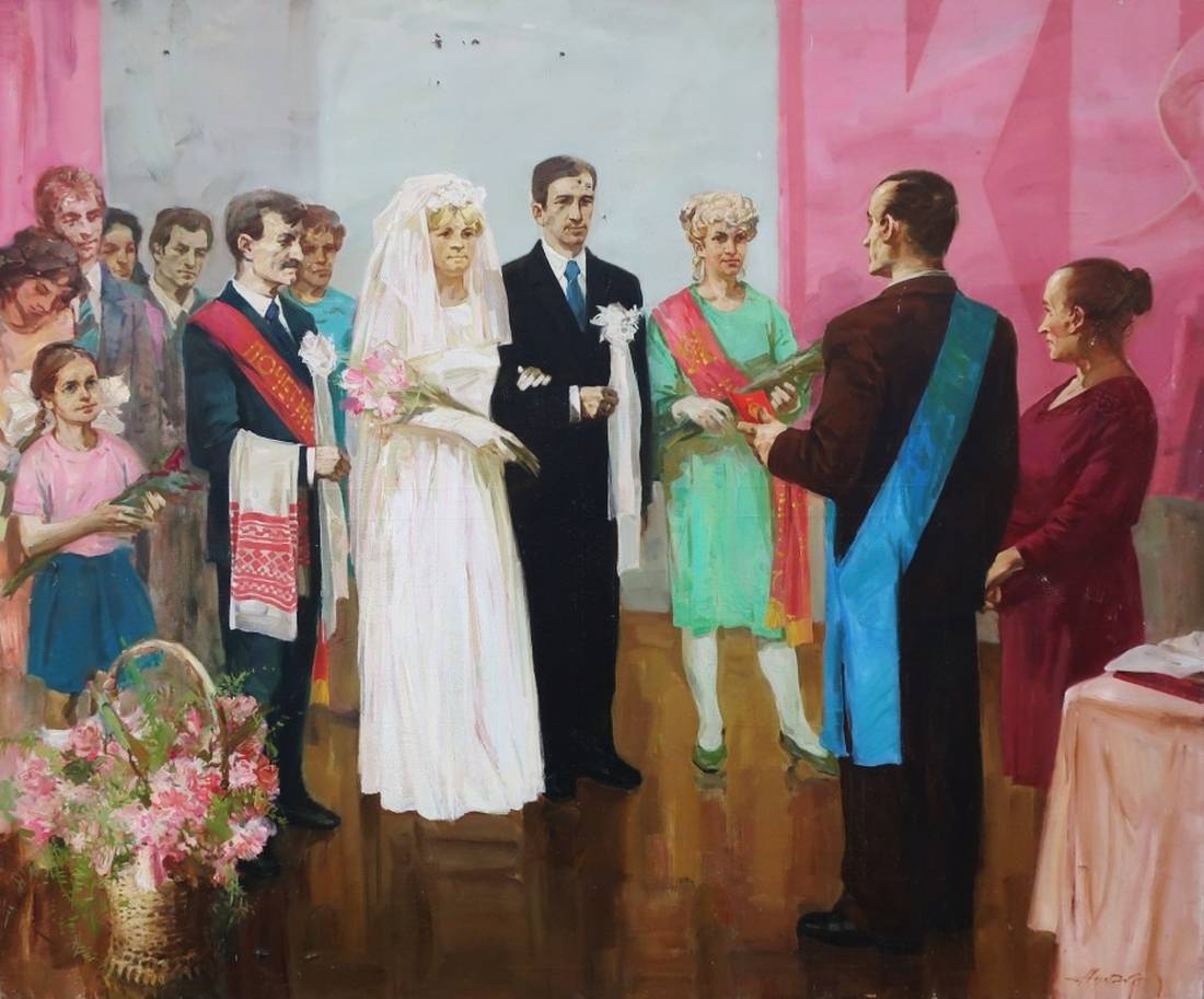 Oil painting of white wedding gown with veil and floral bouquet by Nazarenko A.G