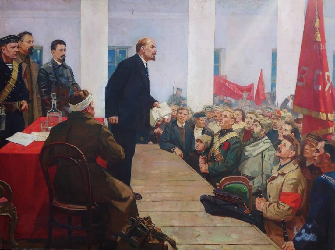 Oil painting of Lenin speech by Vovk A.I., red flags behind assembly