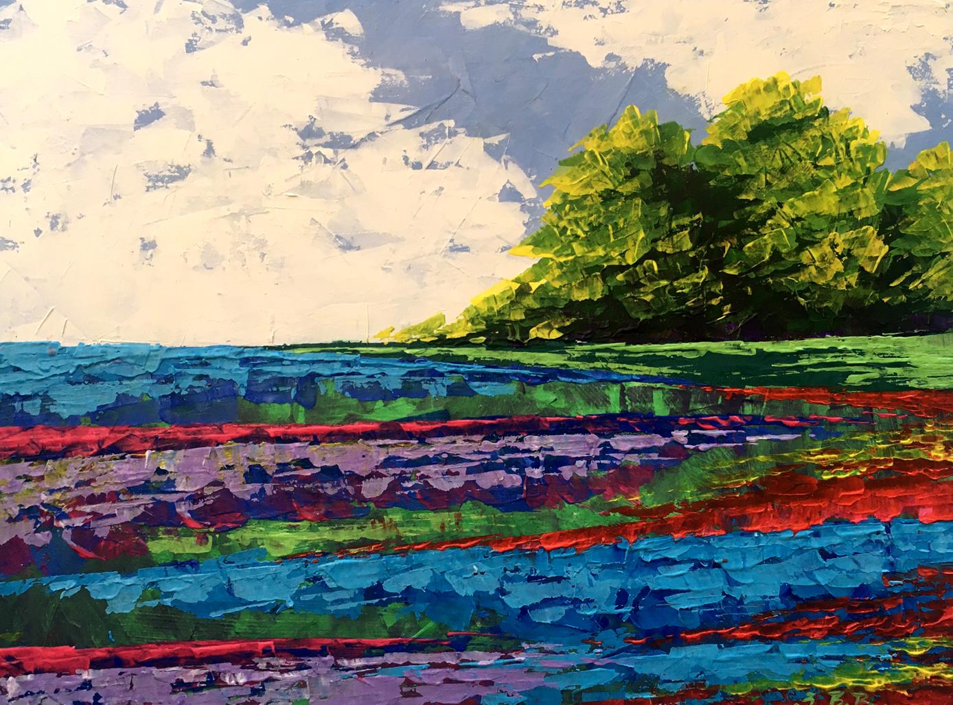Vibrant oil painting Twilight Forestscape by Zadorozhnya with bold stripes