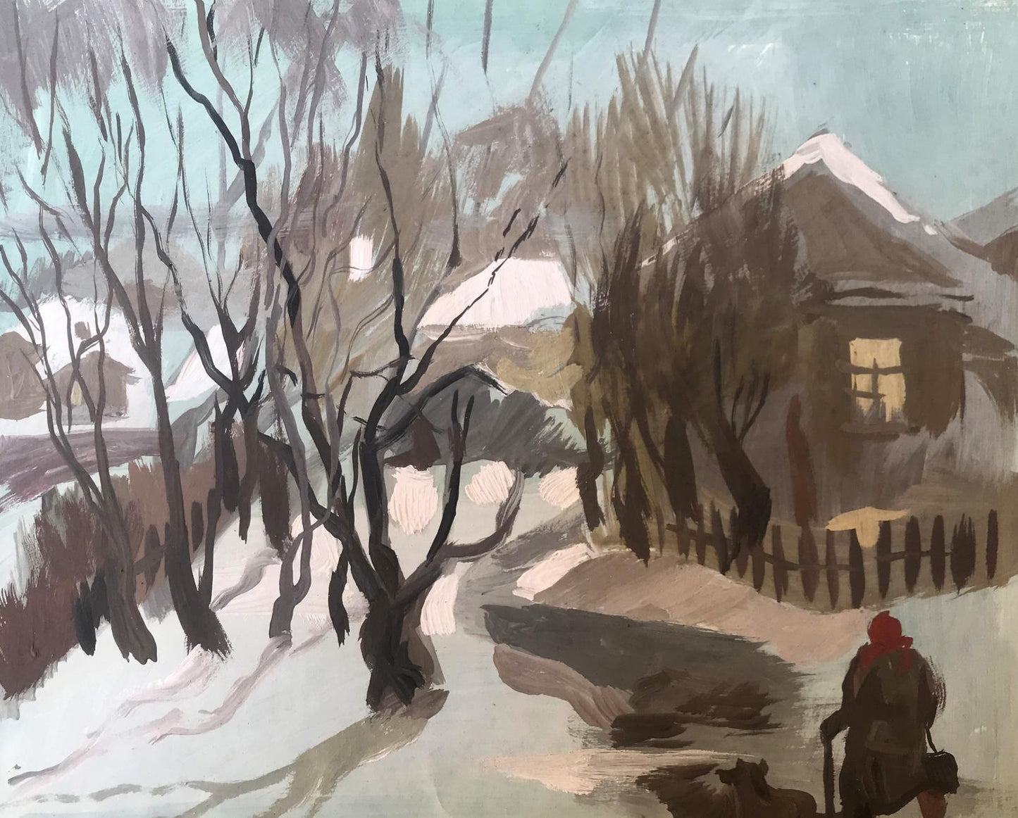 Oil painting by Alexander Litvinov: snow-covered village with bare trees at evening