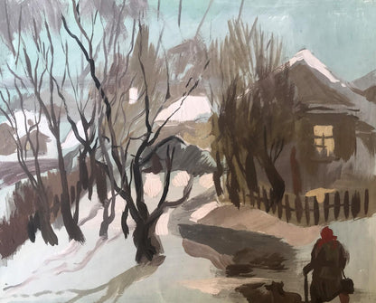 Oil painting by Alexander Litvinov: snow-covered village with bare trees at evening