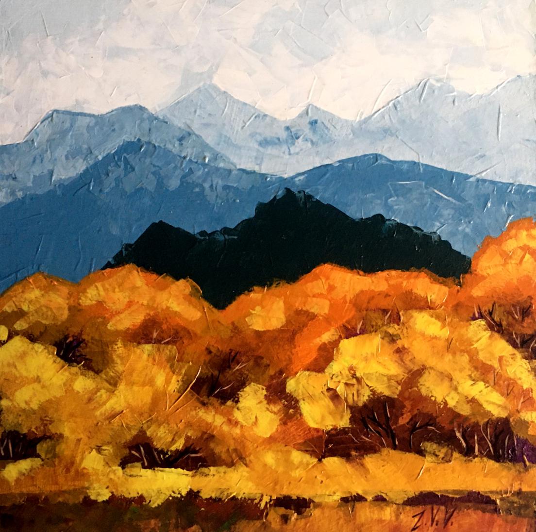 Oil painting Autumn mountains V. Zadorozhnya textured acrylic blue ranges orange foliage