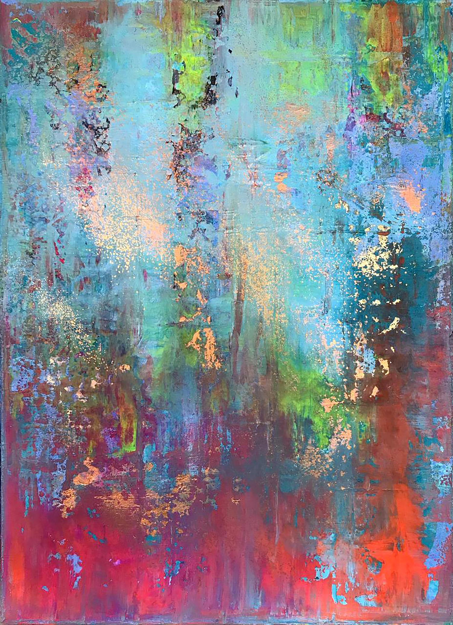 Abstract Blooming Field acrylic painting by Melezhik Olga, teal green red streaks
