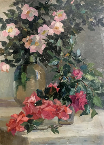 Oil painting of pink and red roses in green vase by Yakovlev B. N