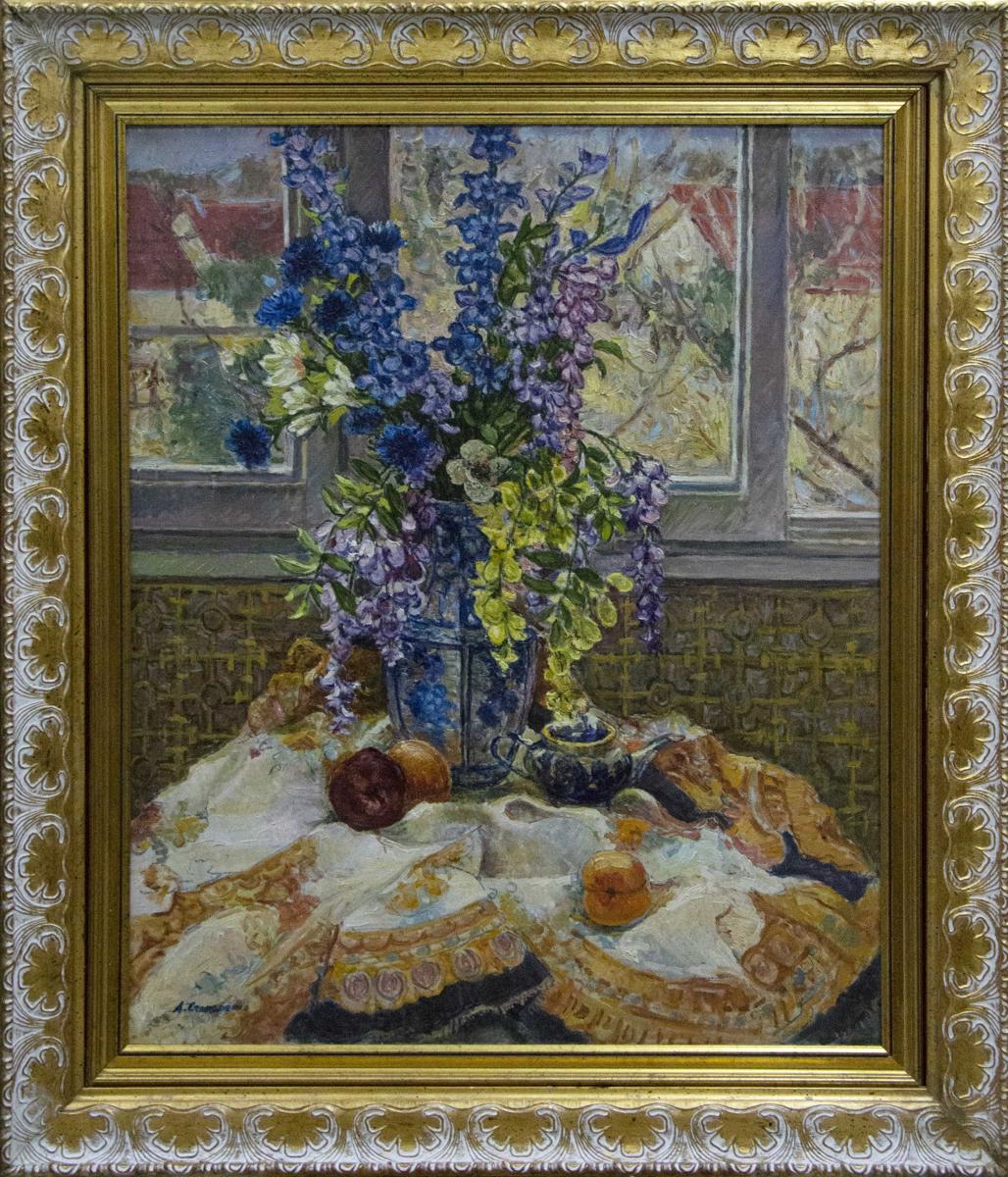 Oil painting of blue white vase with purple blue green flowers by Alexander Stolyarenko