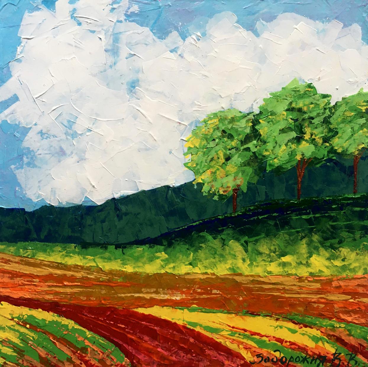 Oil painting Autumn morning in the field by V. Zadorozhnya, vibrant impressionist landscape