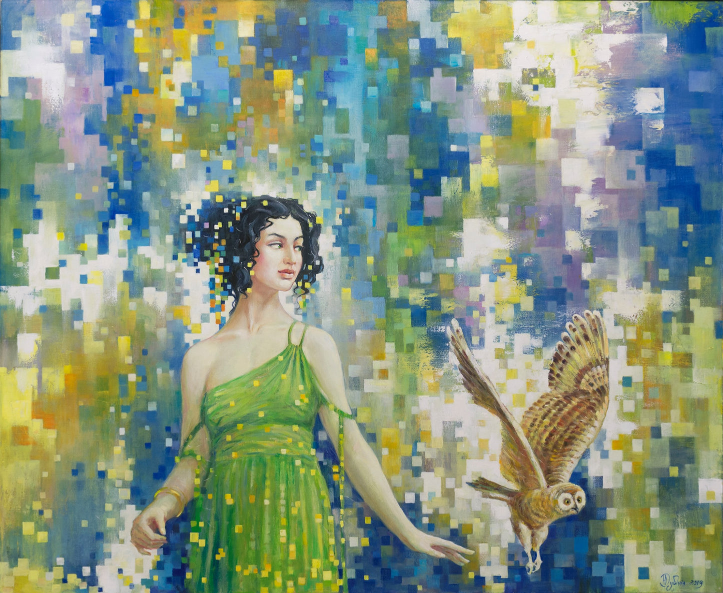 Oil painting Minerva by Dubinin Yurii: woman in green dress with owl