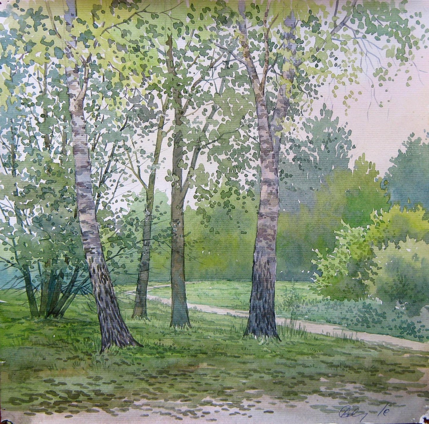 Watercolor painting July warm forest Valery Savenets