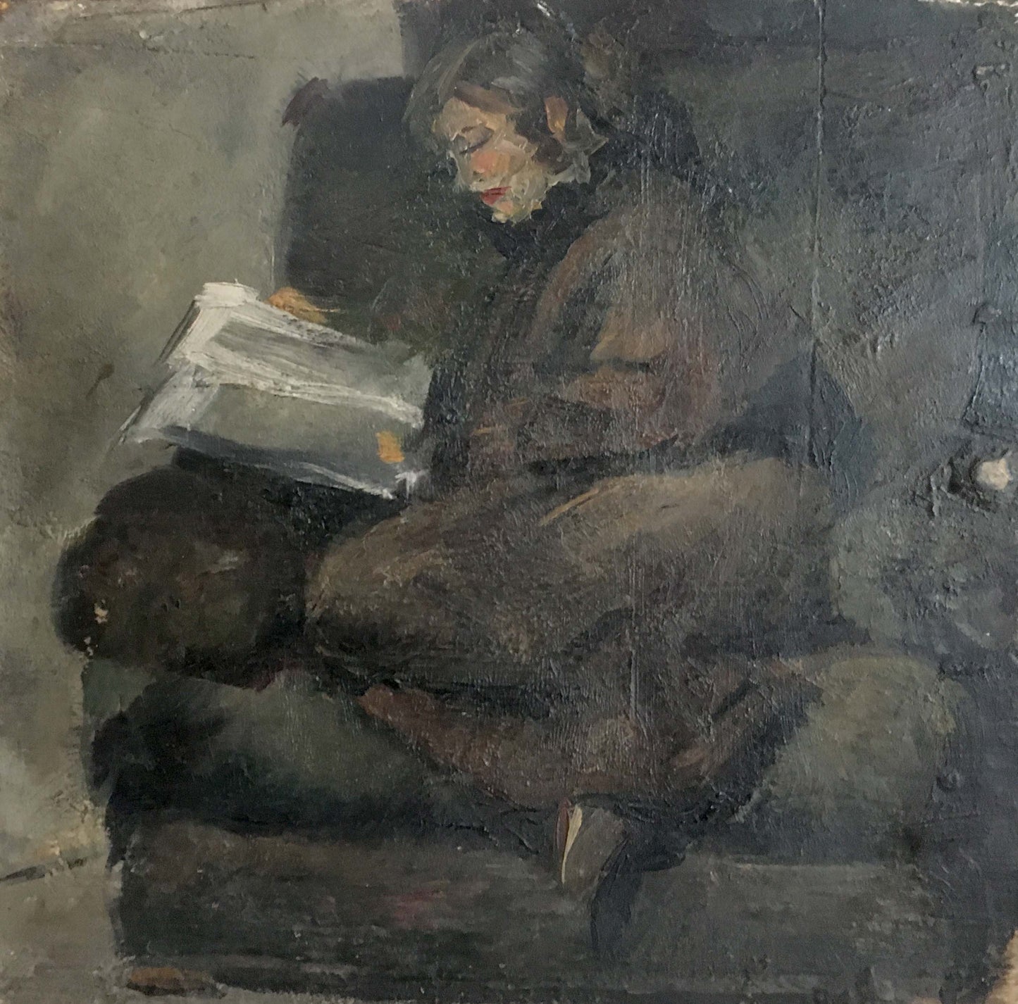 Oil painting of woman reading by Ryangina S. V., textured dark tones