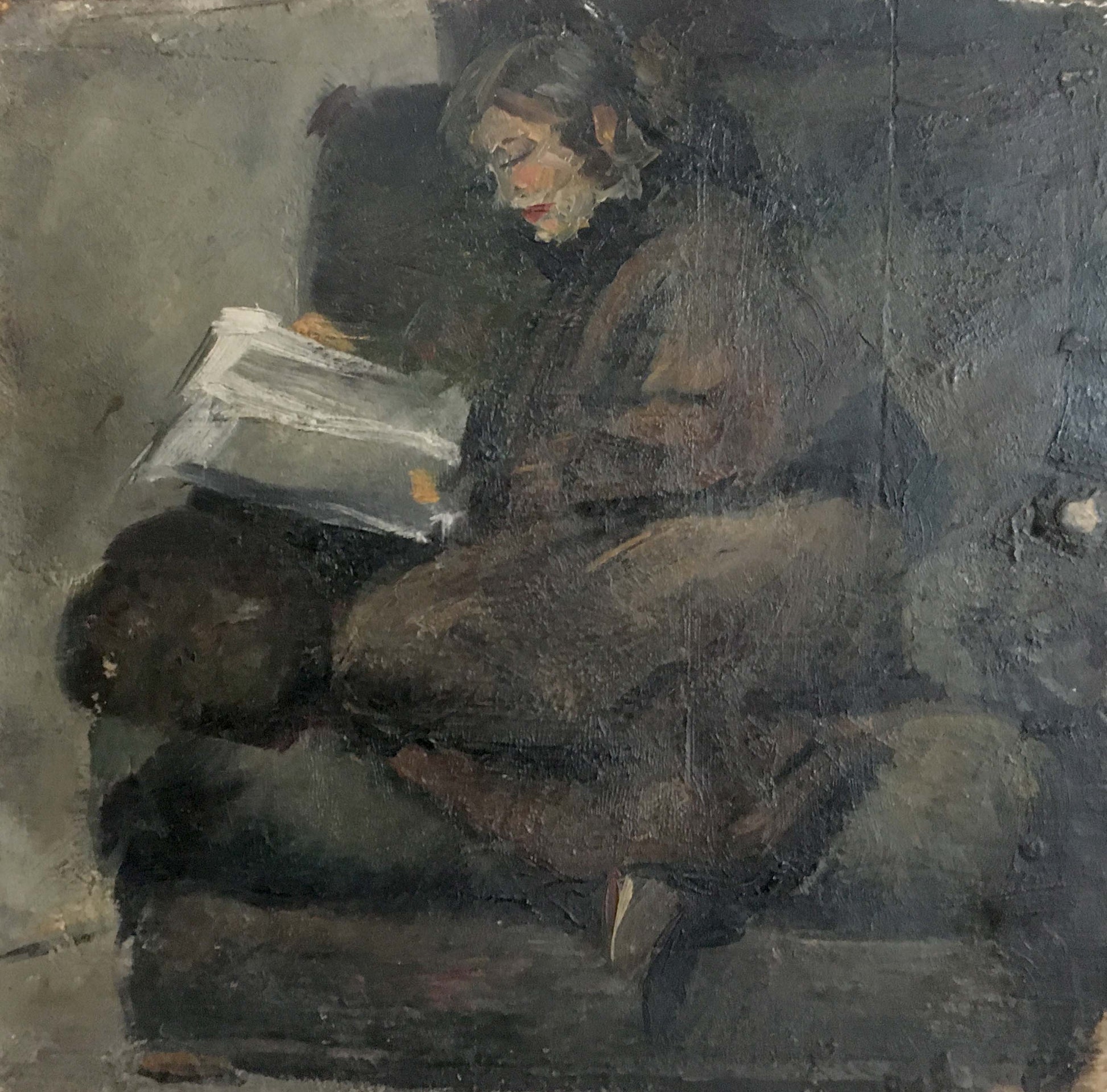 Oil painting of woman reading by Ryangina S. V., textured dark tones