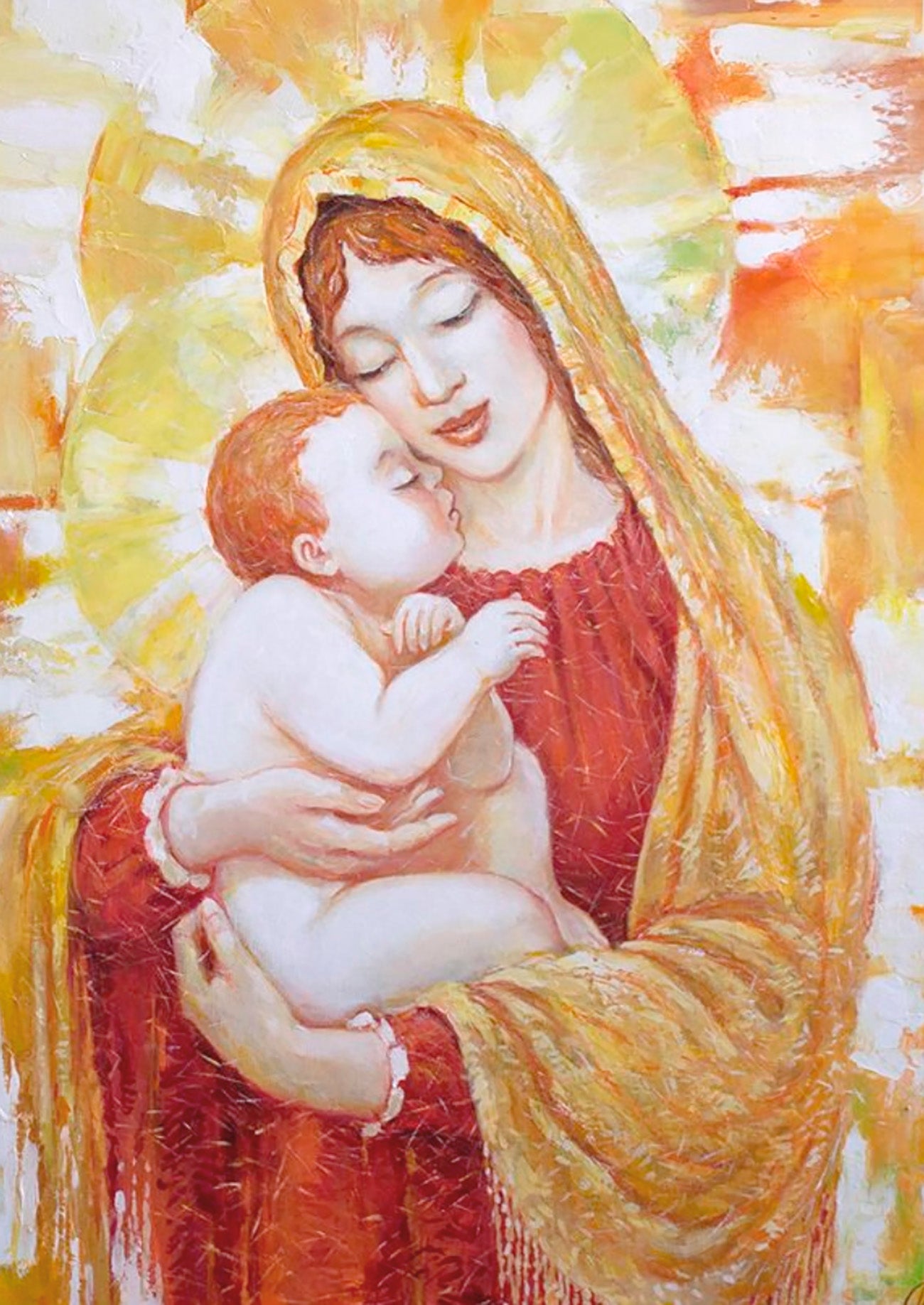 Oil painting Lullaby by Dubinin Yurii: woman in golden veil holds sleeping infant