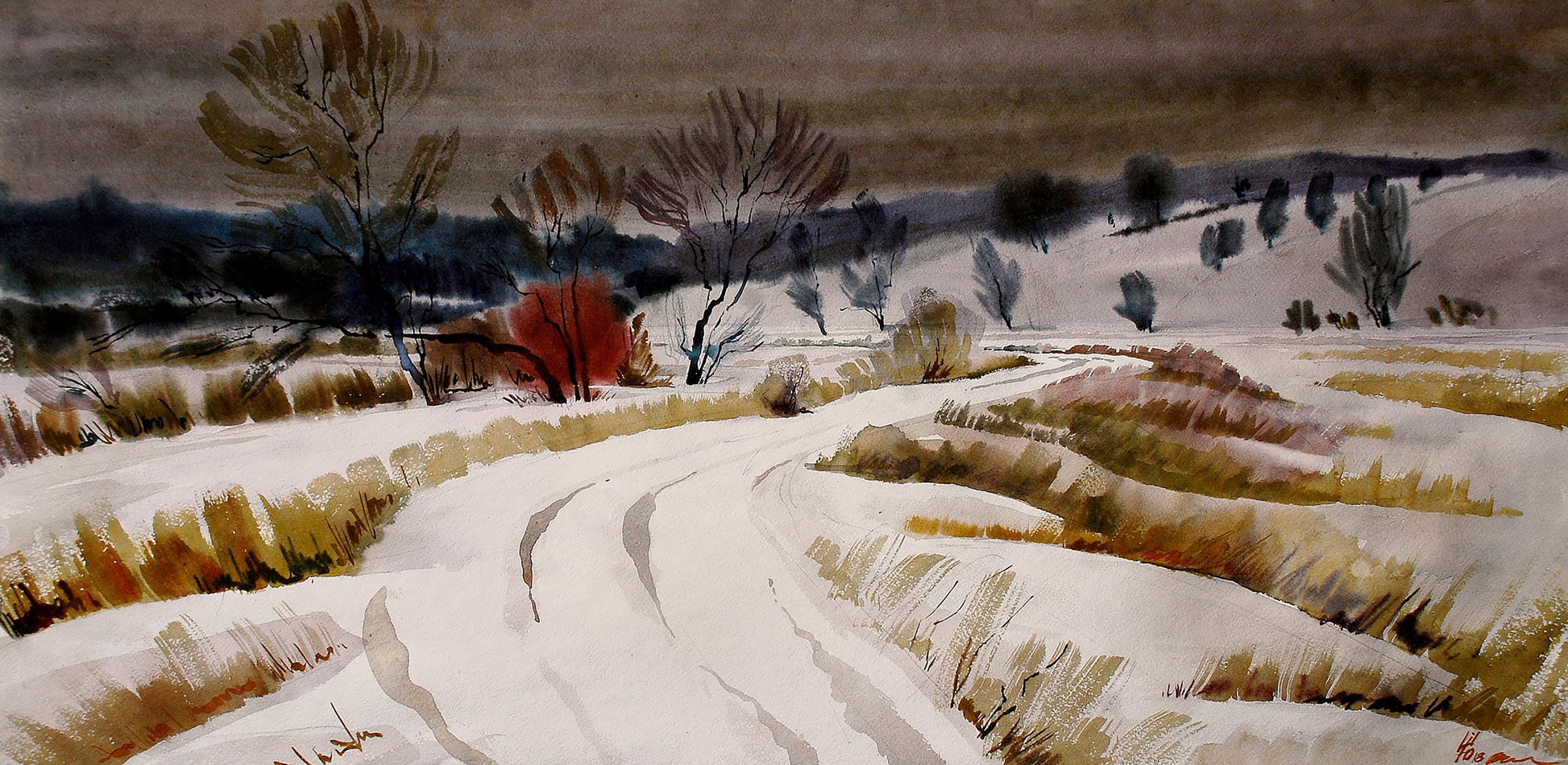 Watercolor painting Winter snowy landscape by Obolon Egor Shvachunov