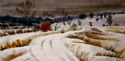 Watercolor painting Winter snowy landscape by Obolon Egor Shvachunov