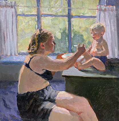Oil painting by Tkachenko Evgeny Nikolaevich: mother in black bra feeding child by window
