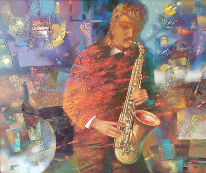 Golden saxophone in Jazzy Twilight oil painting by Anatoly Tarabanov