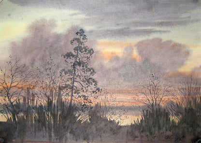 Watercolor painting Evening forest landscape Savenets Valery