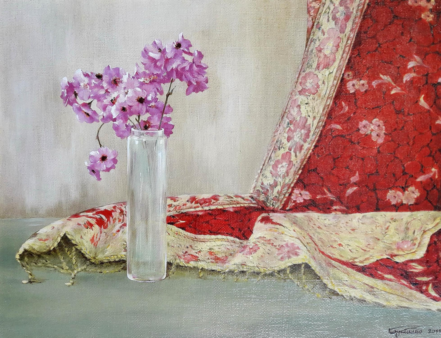 Oil painting of delicate purple sakura blossoms by Korkishko Vasily in clear glass vase