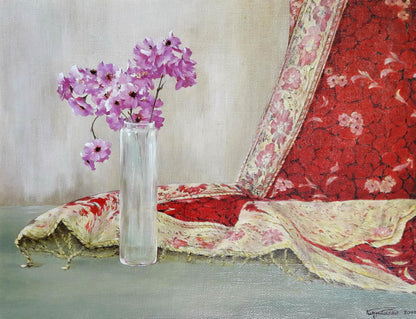 Oil painting of delicate purple sakura blossoms by Korkishko Vasily in clear glass vase