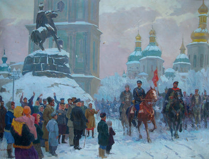 Oil painting by Yablonovskiy Petr Antonovich of bronze equestrian statue on Red Square pedestal in snow