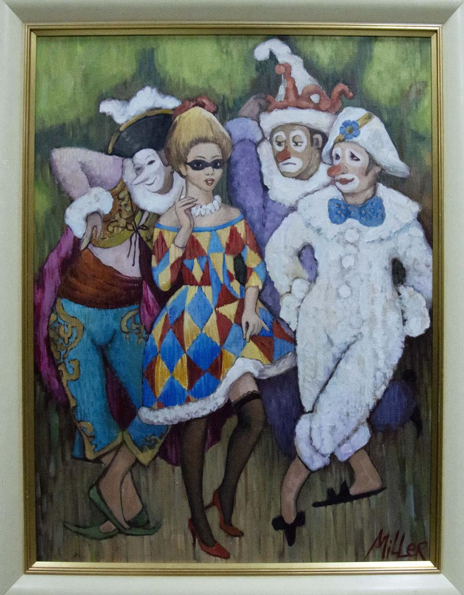 Oil painting portrait of woman in diamond dress with clowns by Melnikov Vladimir Nikolaevich