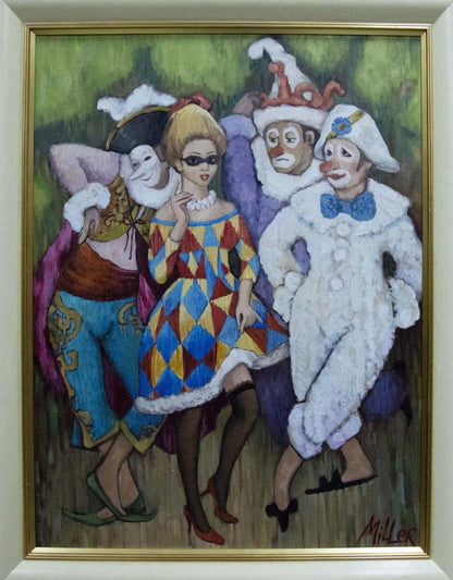 Oil painting portrait of woman in diamond dress with clowns by Melnikov Vladimir Nikolaevich