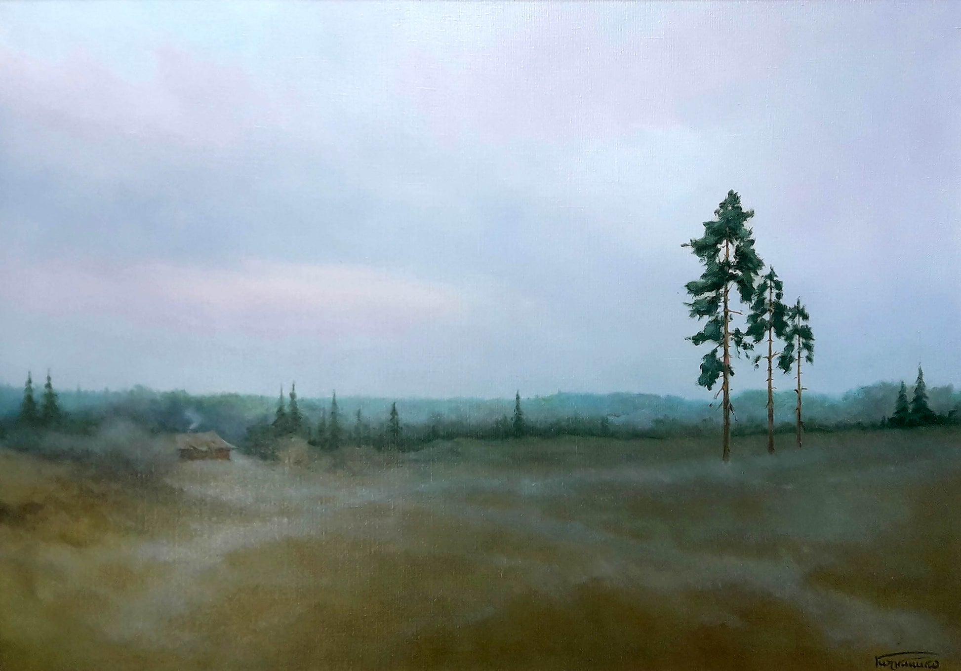 Oil painting Morning by Korkishko Vasily: tall pine under overcast sky