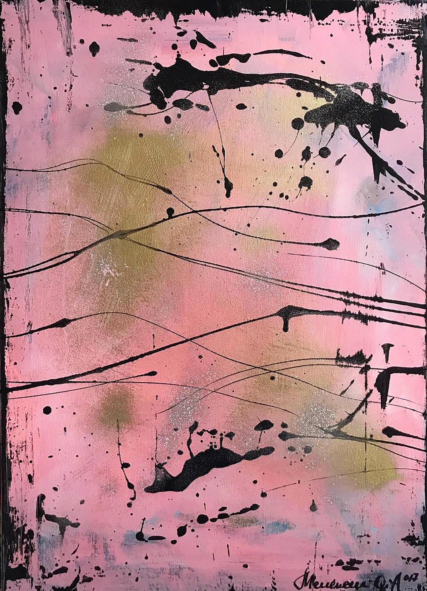 Acrylic painting Tenderness by Olga Melezhik: pink textured abstract with black splatters