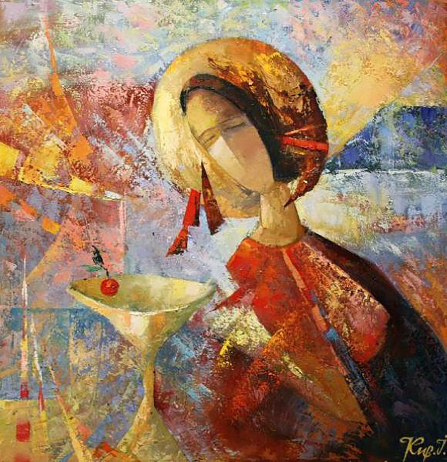 Oil painting Cup of Goodness by Kirilenko Ivan: stylized woman with martini